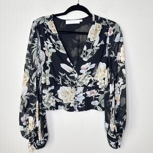 ASTR The Label Long Sleeve Cropped Deep V-Neck Floral Sheer Top Medium Cottage
